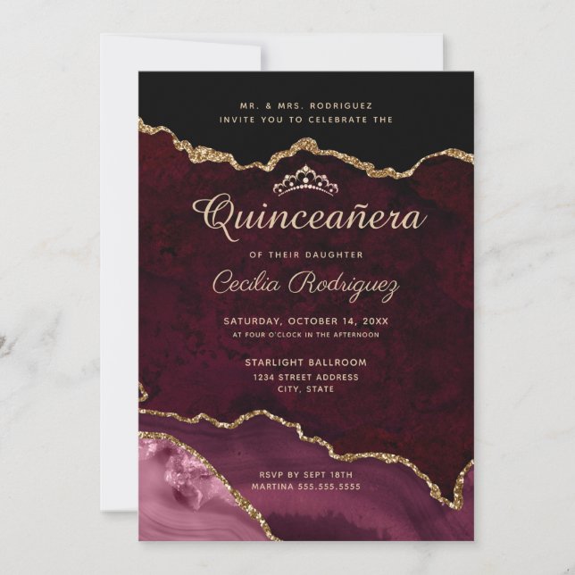Gold Glitter Burgundy Agate Quinceanera Invitation (Front)