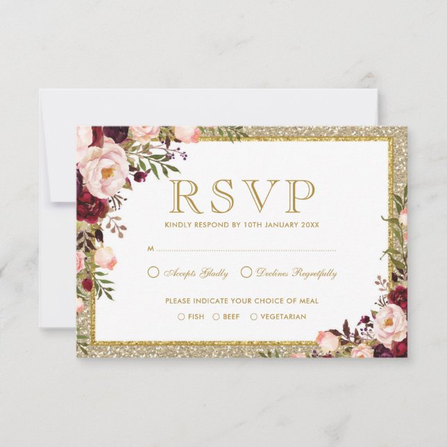 Gold Glitter Burgundy Blush Floral Wedding RSVP Card (Front)