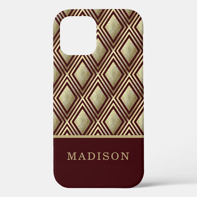 Gold Glitter Burgundy Diamond Pattern Personalised Case-Mate iPhone Case (Back)