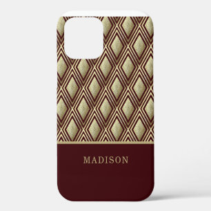 Gold Glitter Burgundy Diamond Pattern Personalised iPhone 12 Case