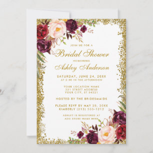 Gold Glitter Burgundy Floral Bridal Shower Invite