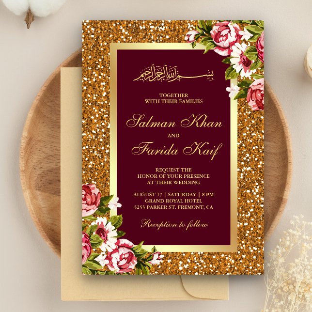 Gold Glitter Burgundy Floral Islamic Wedding Invitation (Creator Uploaded)