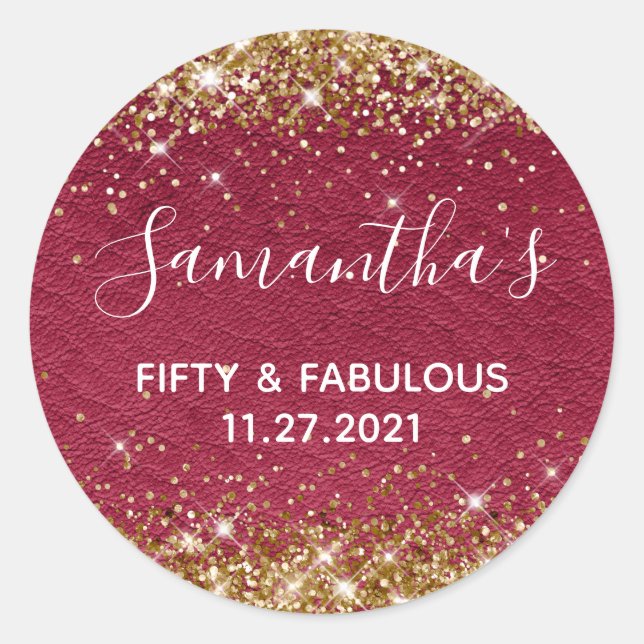 Gold Glitter Burgundy Leather Fifty and Fabulous Classic Round Sticker (Front)
