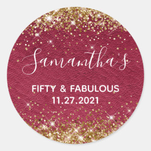 Gold Glitter Burgundy Leather Fifty and Fabulous Classic Round Sticker