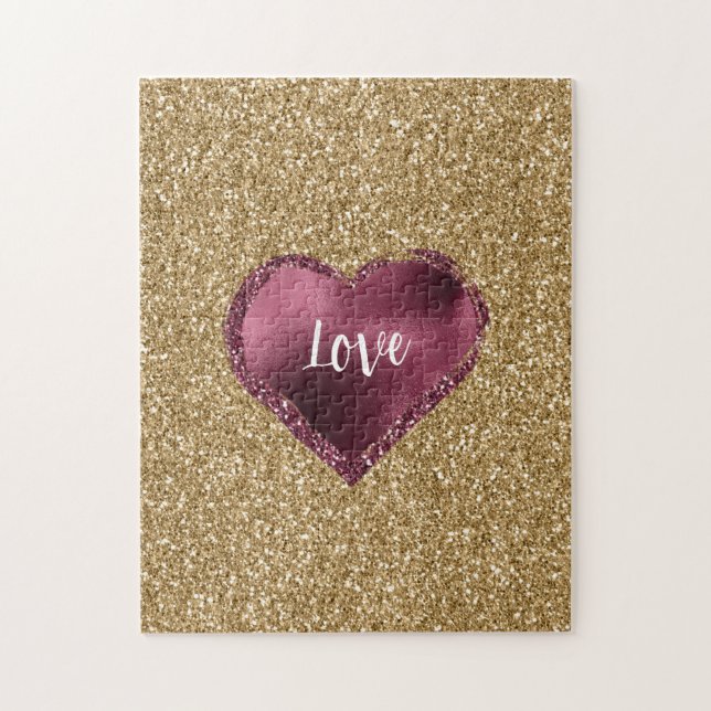 Gold Glitter Burgundy Red Heart Love Jigsaw Puzzle (Vertical)