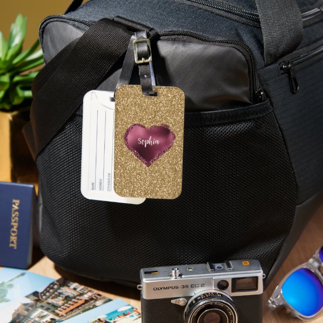 Gold Glitter Burgundy Red Heart Love Luggage Tag (Front & Back)