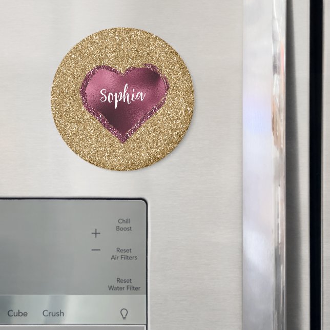 Gold Glitter Burgundy Red Heart Love Magnet (In Situ (Fridge))