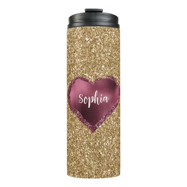 Gold Glitter Burgundy Red Heart Love Thermal Tumbler (Front)