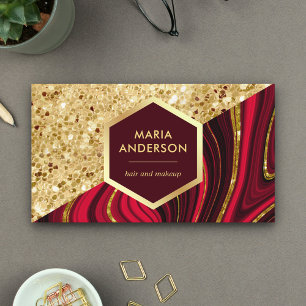 Gold Glitter Burgundy Red Marble Makeup Artist Business Card