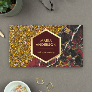 Gold Glitter Burgundy Red Marble Makeup Artist Business Card