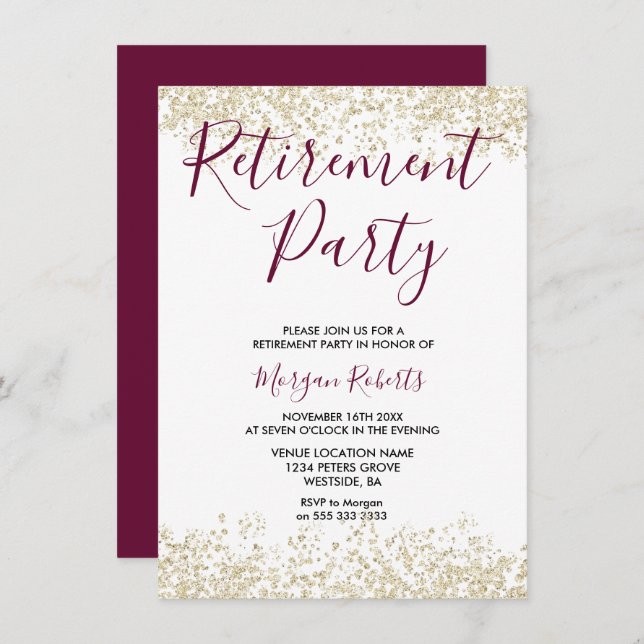 Gold Glitter Burgundy Retirement Party Invitation (Front/Back)