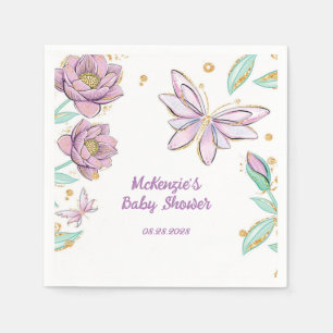 Gold Glitter Butterfly and Flower Girl Baby Shower Napkin