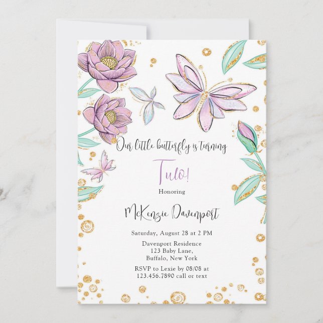 Gold Glitter Butterfly Flower Girl Birthday Party Invitation (Front)