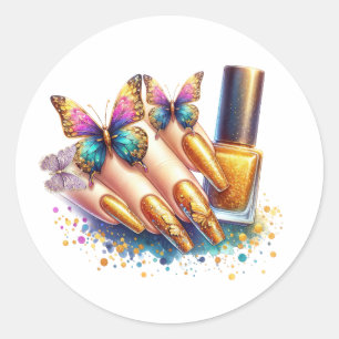 Gold Glitter Butterfly Nails Classic Round Sticker