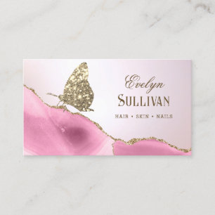 Gold Glitter Butterfly Pink Agate Business Card