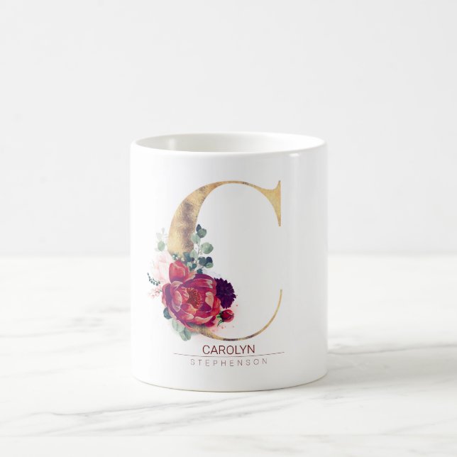 Gold Glitter C Monogram Floral Burgundy Red Coffee Mug (Center)