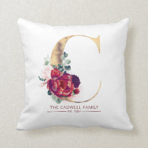 Gold Glitter C Monogram Floral Burgundy Red Cushion