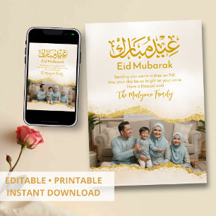 Gold Glitter Calligraphy Family Photo Eid Mubarak Holiday Card