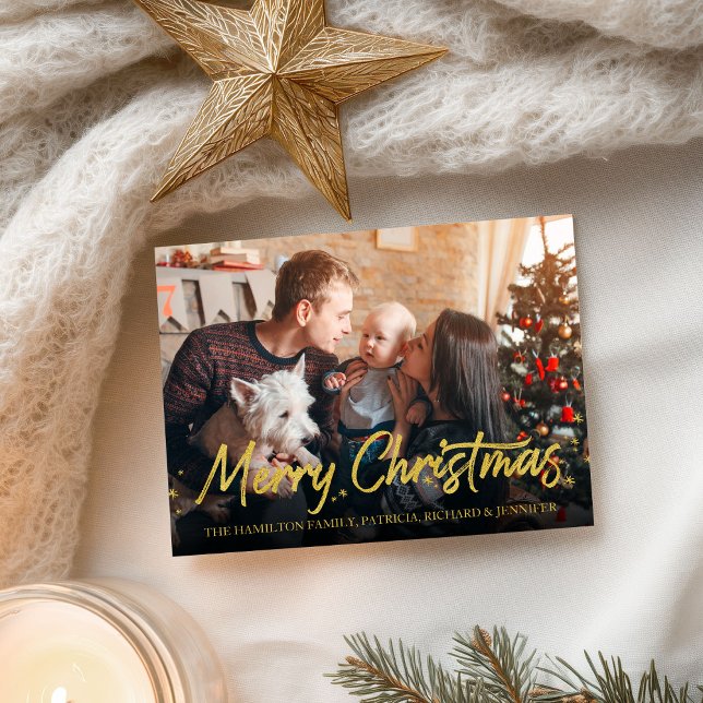 Gold Glitter Calligraphy Photo Merry Christmas Postcard (Creator Uploaded)