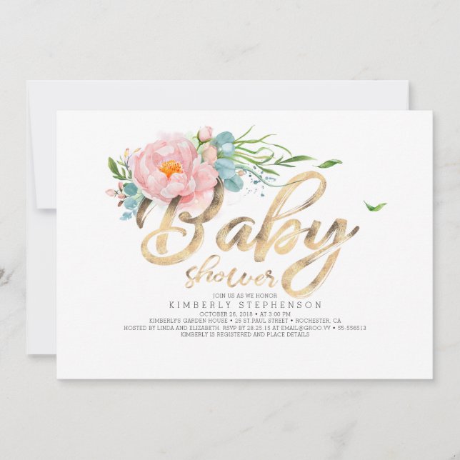Gold Glitter Calligraphy Pink Floral Baby Shower Invitation (Front)