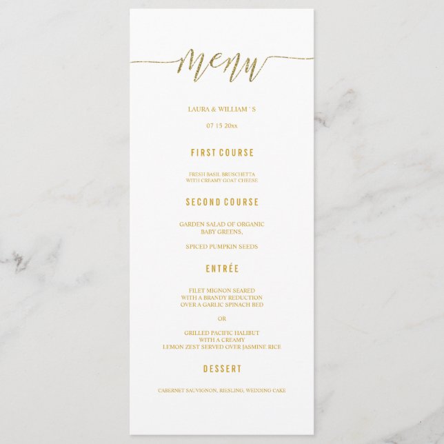 Gold Glitter Calligraphy Wedding Menu Dinner Cards (Front)