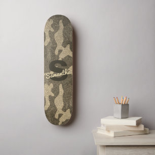 Gold Glitter Camouflage Personalised Monogrammed Skateboard