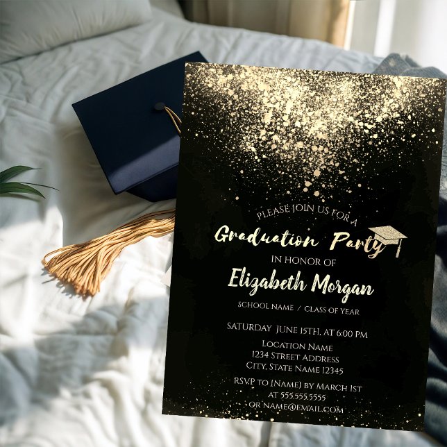 Gold Glitter Cap, Confetti Graduation Party Invitation (Creator Uploaded)