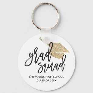 Gold Glitter Cap Grad Squad Graduation Keepsake  Key Ring