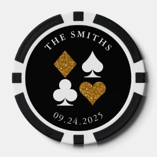 Gold Glitter Card Suit Wedding Date and Name Favou Poker Chips
