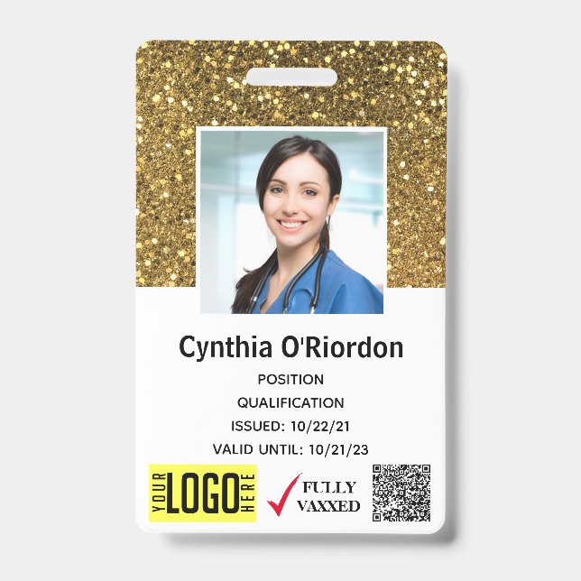 Gold Glitter Caregiver QR Barcode Photo ID Badge (Front)