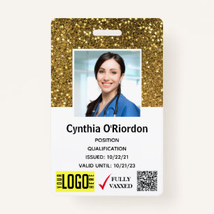 Gold Glitter Caregiver QR Barcode Photo ID Badge