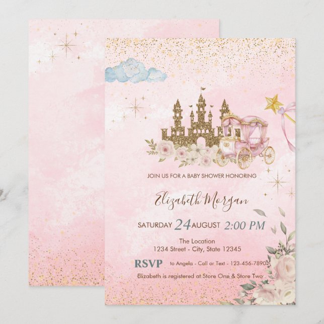 Gold Glitter Castle,FlowersCarriage Baby Shower  Invitation (Front/Back)