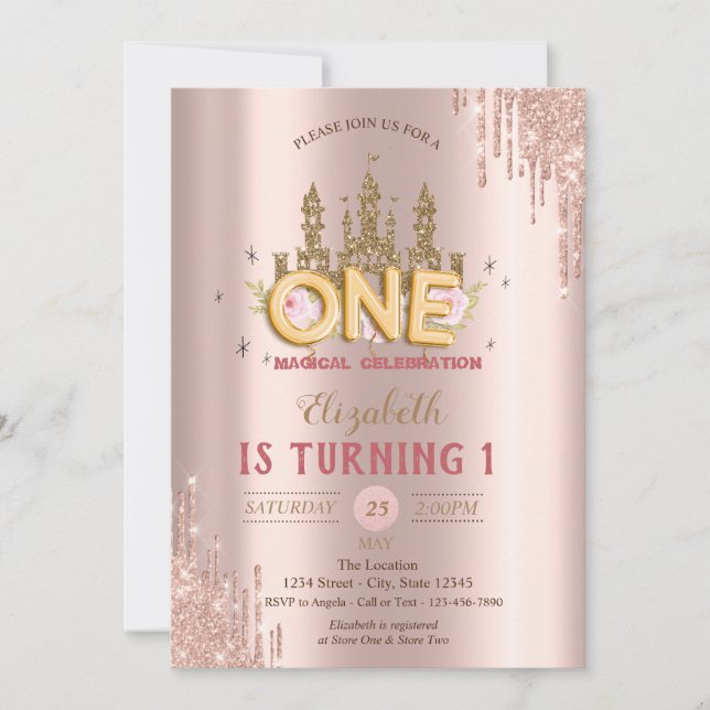 Gold Glitter Castle,Rose Gold Drips 1st Birthday  Invitation (Front)