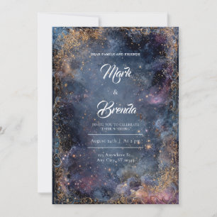 Gold Glitter Celestial Nebula Blue Pink Wedding Invitation