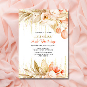 Gold Glitter Chain Yellow Orange Floral Birthday  Invitation