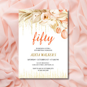 Gold Glitter Chain Yellow Orange Flower Birthday  Invitation