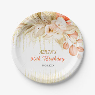 Gold Glitter Chain Yellow Orange Flower Birthday  Paper Plate