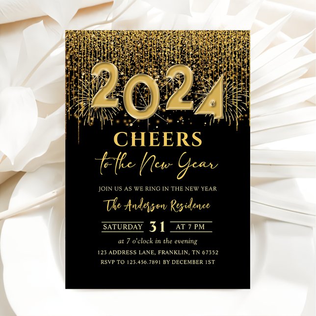 Gold Glitter Cheers New Years Eve Party 2024 Invitation (Creator Uploaded)