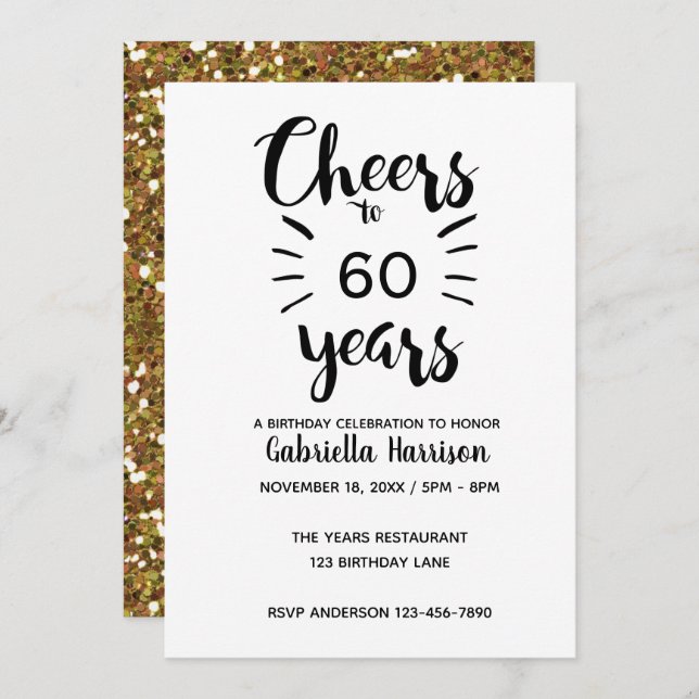 Gold Glitter Cheers to 60th Birthday Invitation (Front/Back)