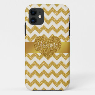 Gold Glitter Chevron Monogram iPhone with Heart iPhone 11 Case