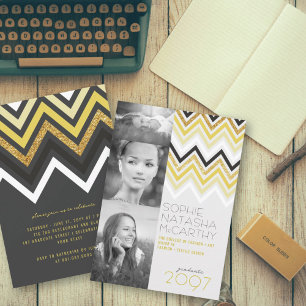 Gold Glitter Chevron Stripes Chic Graduation Party Invitation