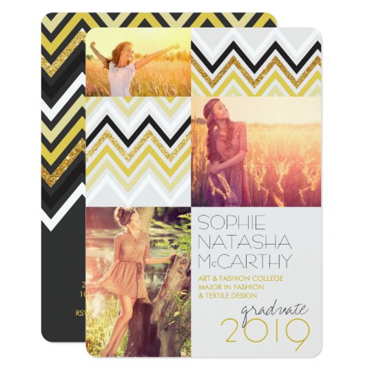 Gold Glitter Chic Chevron Stripes Graduation Party Card