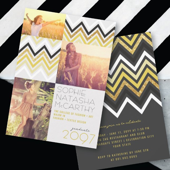 Gold Glitter Chic Chevron Stripes Graduation Party Invitation (Creator Uploaded)