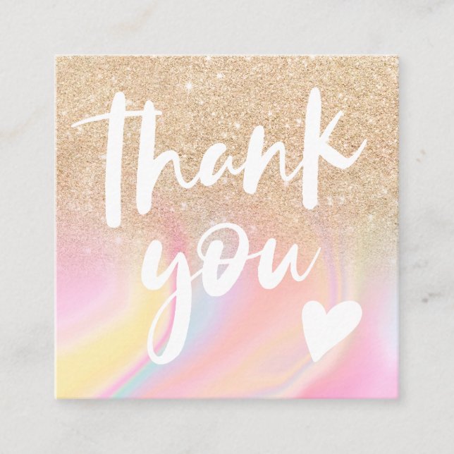 Gold glitter chic rainbow marble pastel thank you square business card (Front)