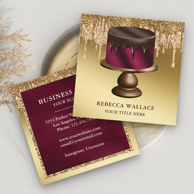 Gold Glitter Chocolate Burgundy Cake Bakery Square Business Card (Creator Uploaded)