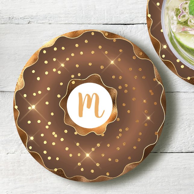 Gold glitter chocolate doughnut monogram bold glam round paper coaster (Creator Uploaded)