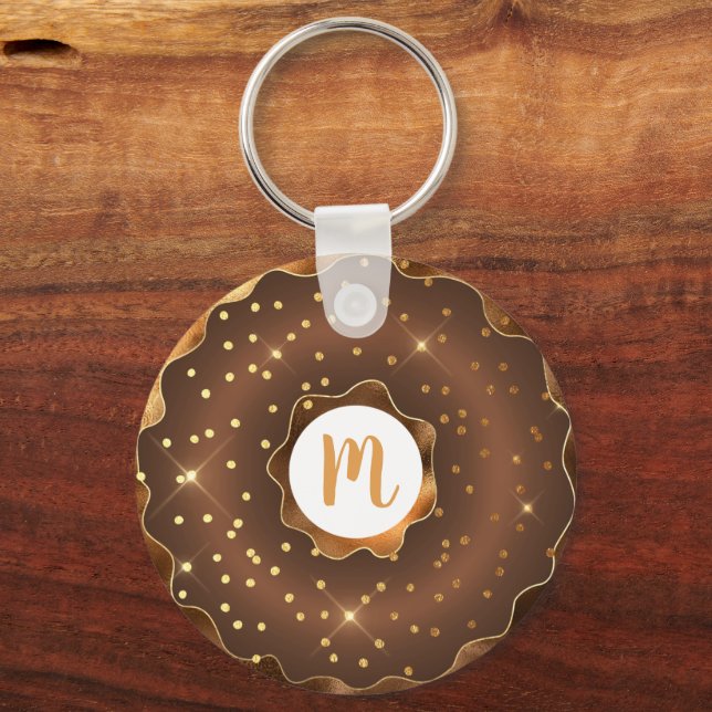 Gold glitter chocolate doughnut monogram glam key ring (Front)