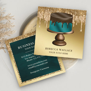 Gold Glitter Chocolate Drips Teal Cake Bakery Square Business Card