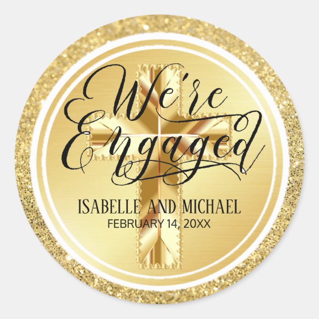 Gold Glitter Christian Personalised Engagement Classic Round Sticker (Front)