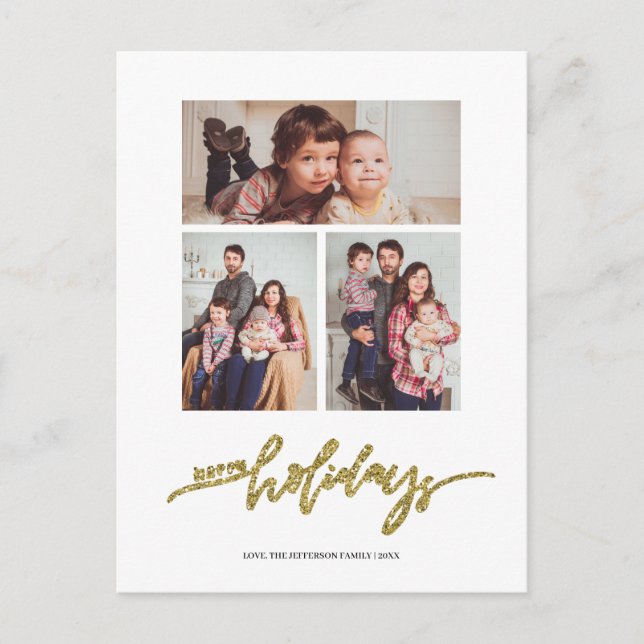 Gold Glitter Christmas 3 Photo Collage Holiday Postcard (Front)